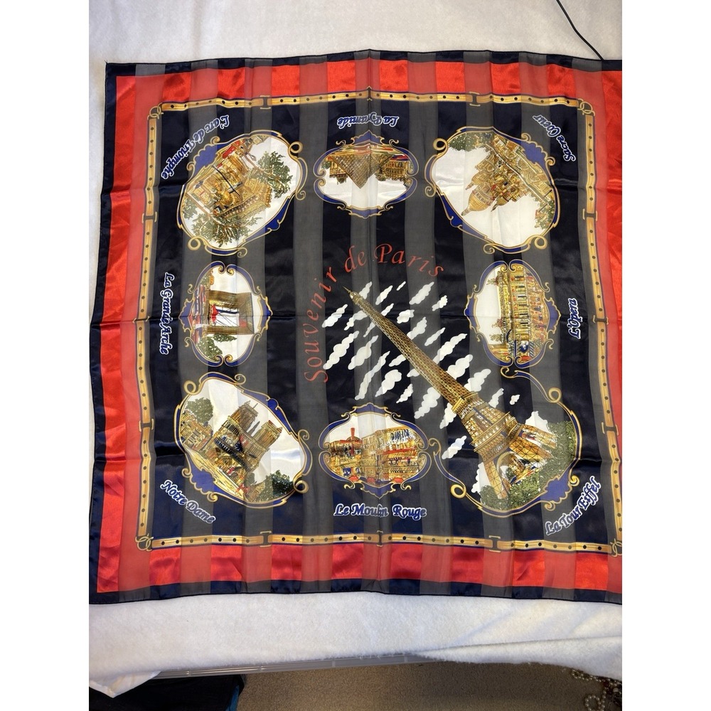 Vintage Paris‎ Souvenir Square Scarf Sheer French Eiffel Tower BOHO Preppy